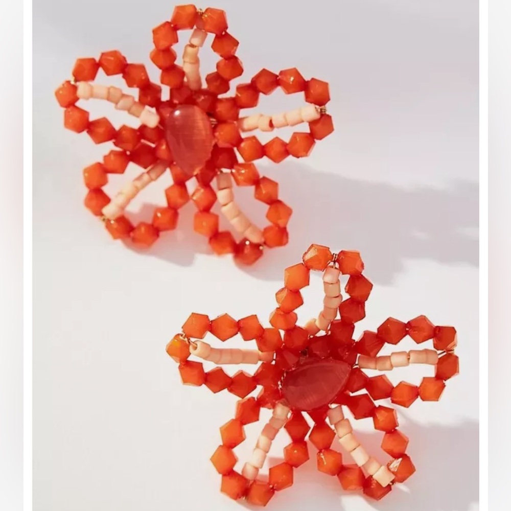 Anthropologie Extra Small Beaded Floral Post Earrings - NWT - Coral